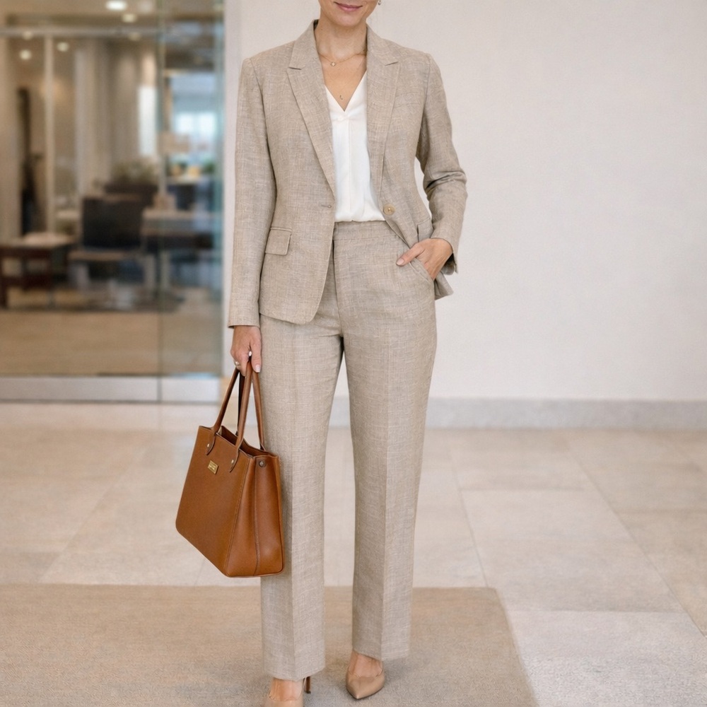 Classic Tailored Women's Blazer and Trouser Set in Beige